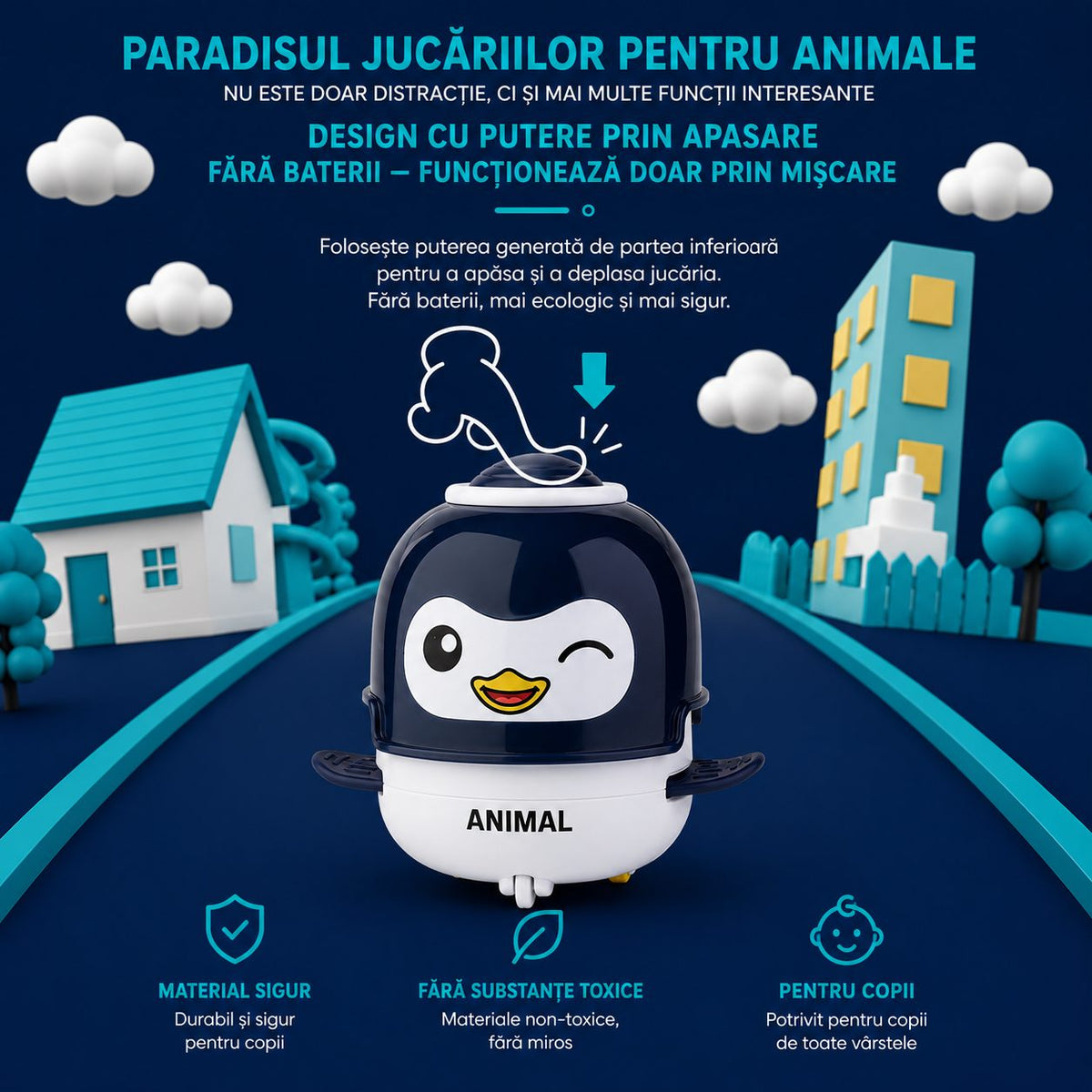 Jucarie Interactiva Robot Pinguin, cu Inertie, Sunete si Lumini, Plastic ABS, pentru Copii 1-3 Ani, Albastru