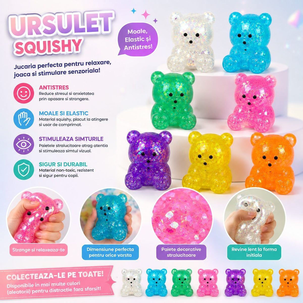 Jucarie Antistres Squishy, Model Ursulet Transparent cu Paiete, Termoplastic, Culoare Aleatorie