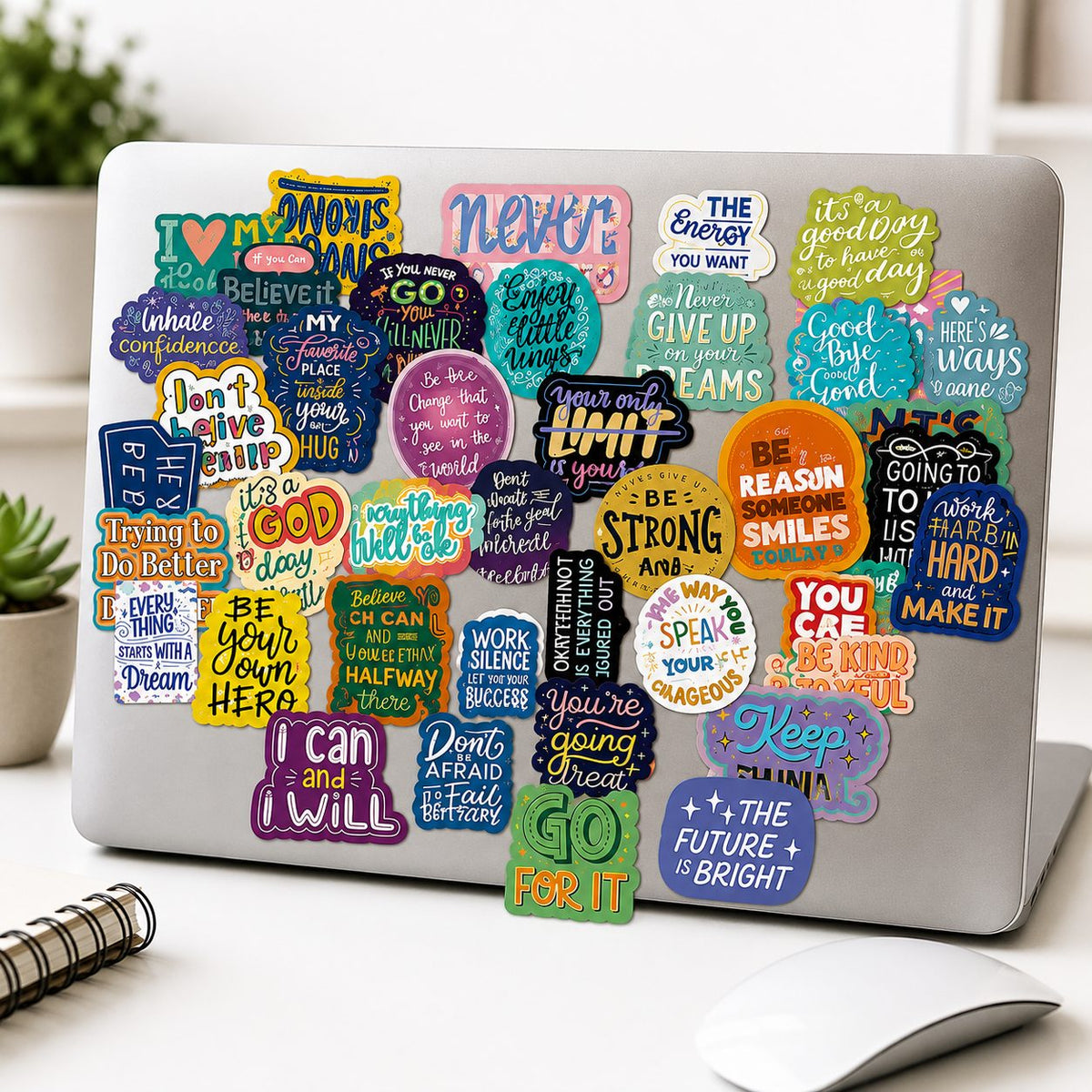 Set Stickere Motivationale, Citate Inspirationale Engleza, Impermeabile, Vinil Autoadeziv, 50 Bucati, Multicolor, 5.27 x 5.43 cm