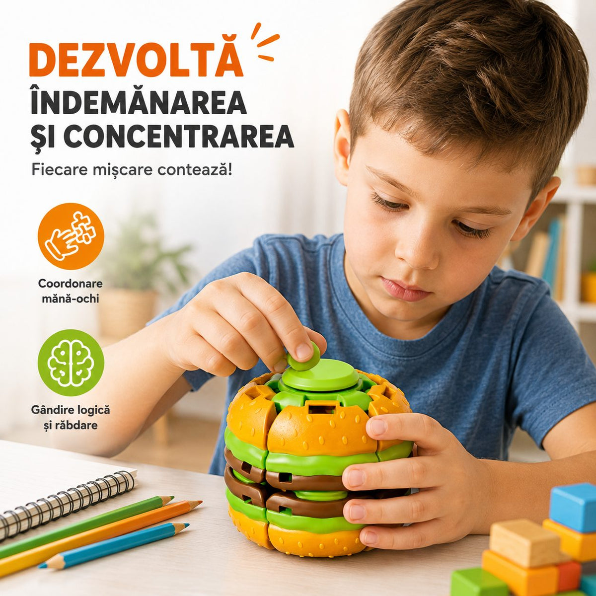 Jucarie Antistres Fidget Puzzle, Model Hamburger Rotativ, Plastic ABS, Multicolor