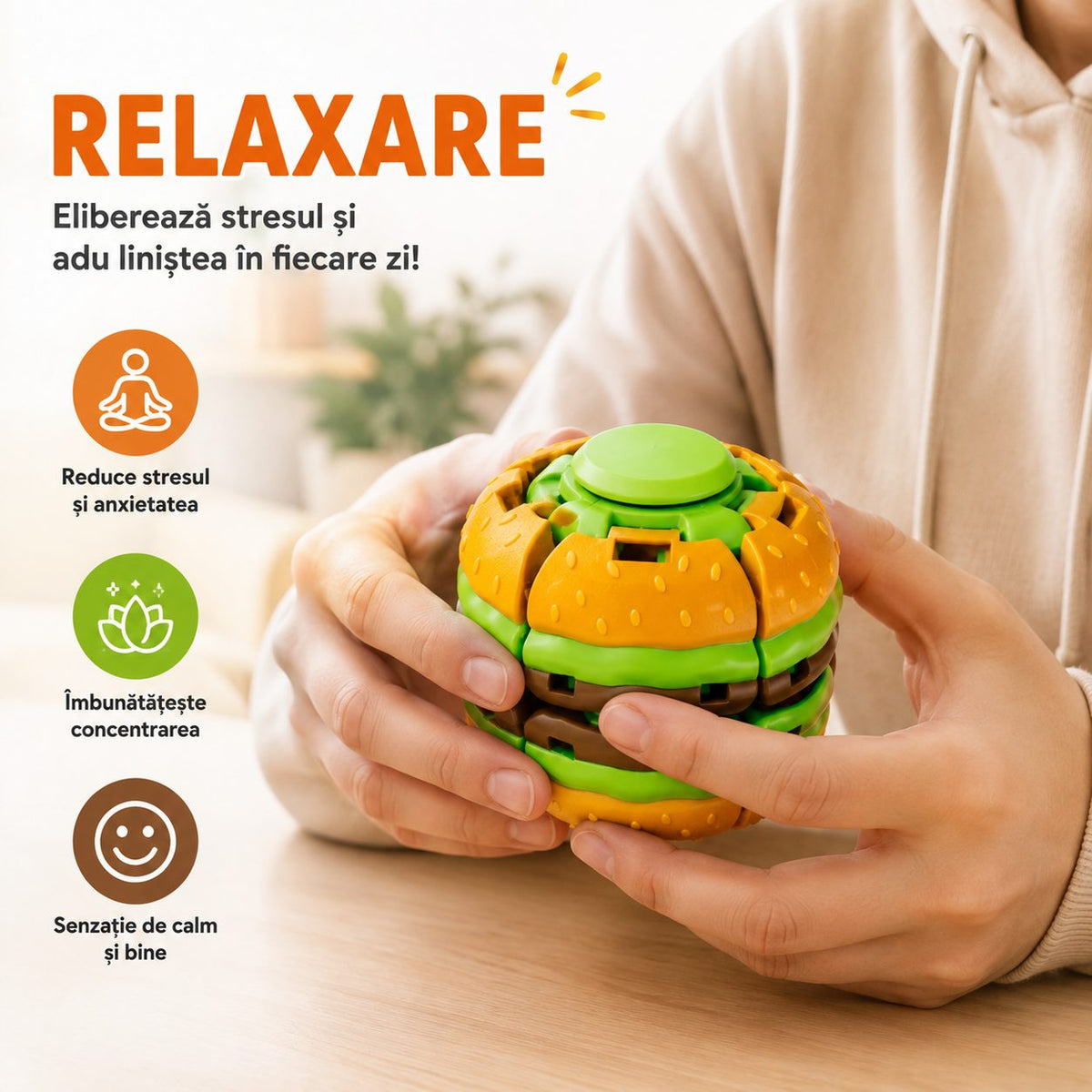 Jucarie Antistres Fidget Puzzle, Model Hamburger Rotativ, Plastic ABS, Multicolor