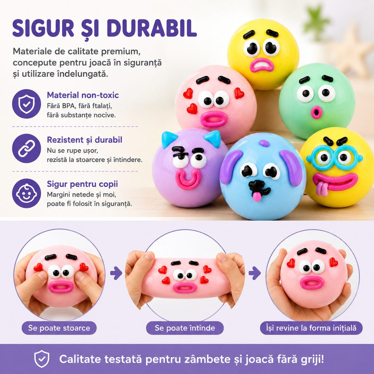 Jucarie Antistres Squishy, Model Fete Amuzante, Forma Rotunda, Termoplastic, Culoare Aleatorie, 1 Bucata