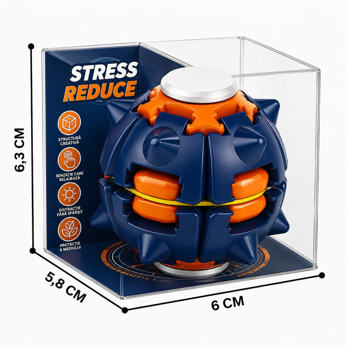Jucarie Antistres Rotativa, Model Minge Push and Spin cu Structura 3D, Plastic ABS, 6.3 cm, Albastru Marin si Portocaliu
