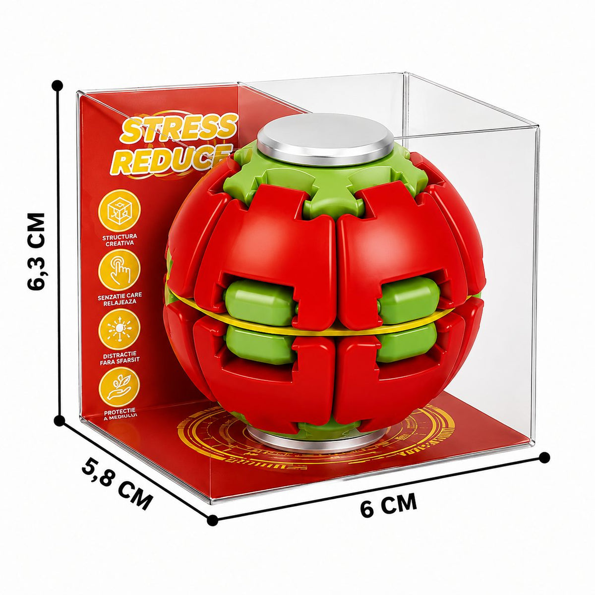 Jucarie Antistres Rotativa, Minge Push and Spin cu Structura 3D Interactiva, Plastic ABS, 6.3 cm, Rosu