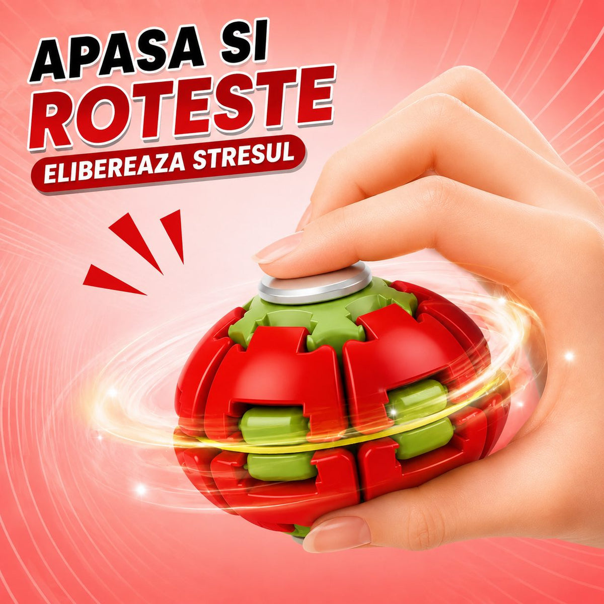 Jucarie Antistres Rotativa, Minge Push and Spin cu Structura 3D Interactiva, Plastic ABS, 6.3 cm, Rosu