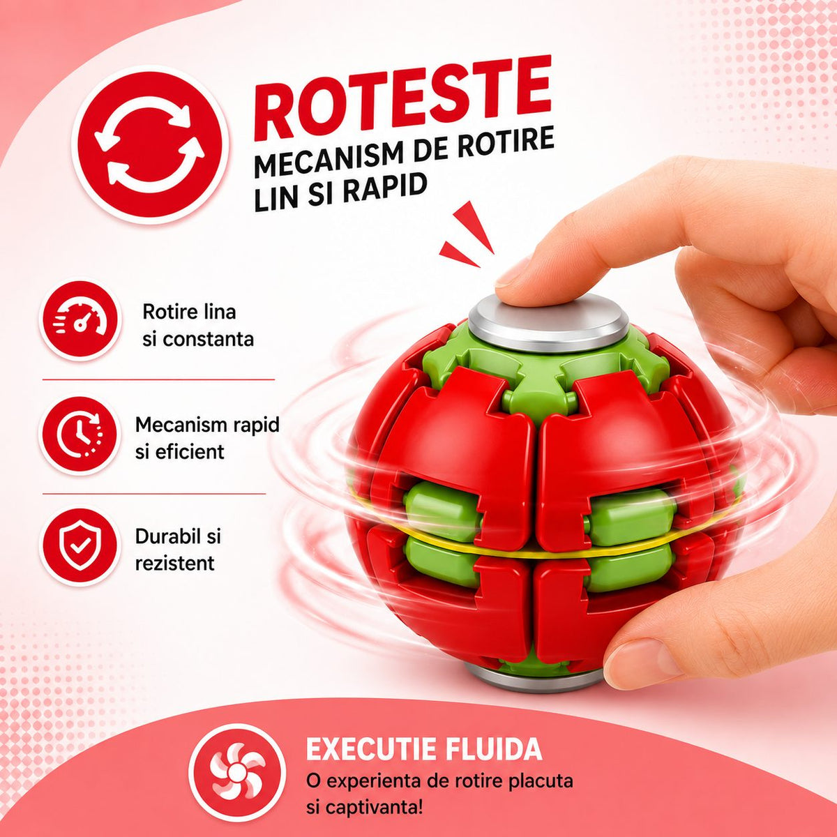 Jucarie Antistres Rotativa, Minge Push and Spin cu Structura 3D Interactiva, Plastic ABS, 6.3 cm, Rosu
