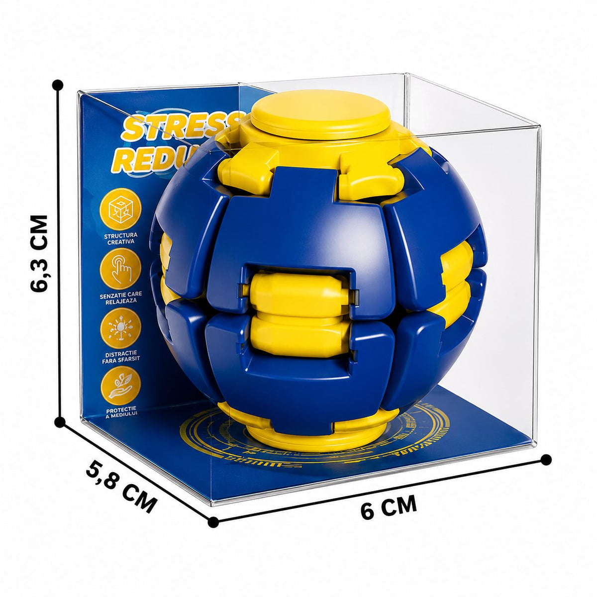 Jucarie Antistres Minge Puzzle Sferica, Structura 3D Interactiva cu Segmente Rotative, Plastic ABS, 6.3 cm, Albastru si Galben
