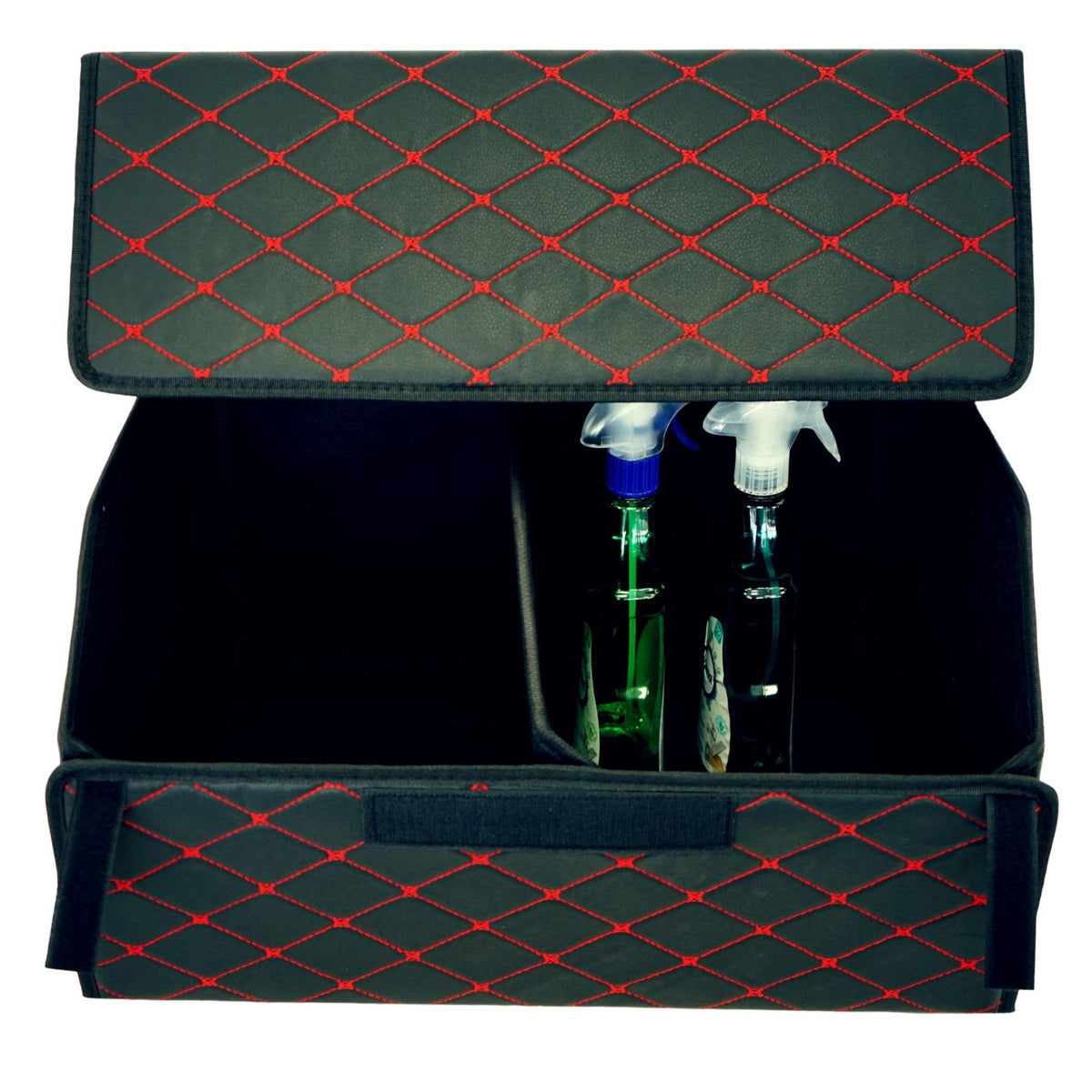 Organizator Portbagaj Auto Premium, Geanta Depozitare Pliabila cu Capac si 2 Compartimente, Piele Ecologica PU Impermeabila, 55 x 30 x 30 cm, Negru/Rosu