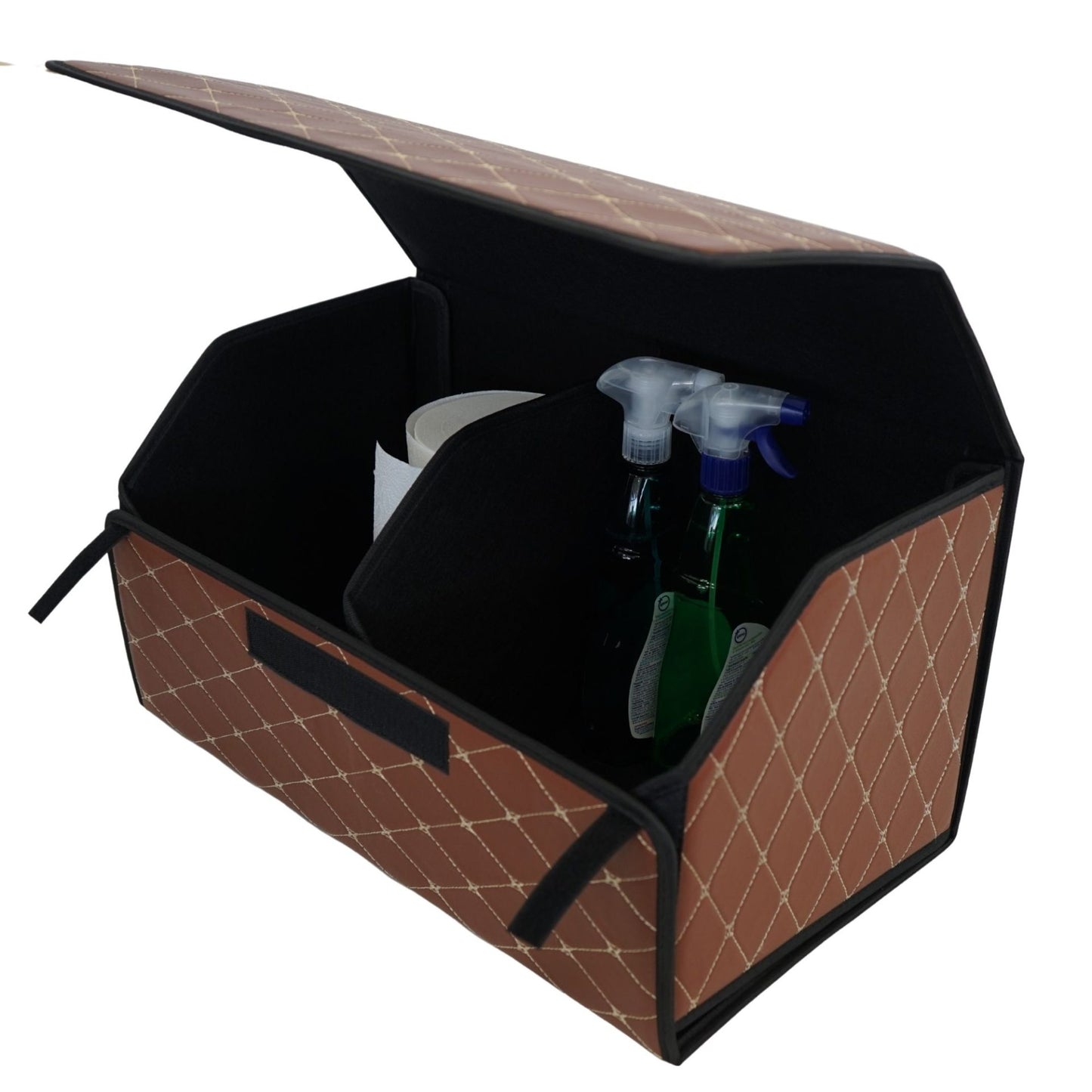 Organizator Portbagaj Auto Premium, Geanta Depozitare Pliabila cu Capac, Impermeabila, Piele Ecologica PU, 2 Compartimente, Maro Inchis, 55 x 30 x 30 cm