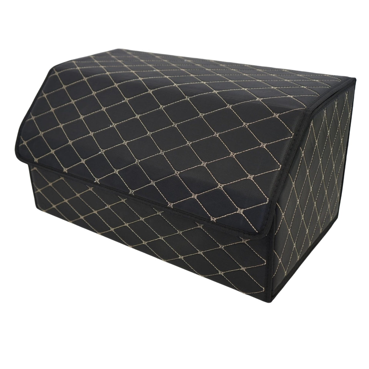 Organizator Portbagaj Auto, Cutie Depozitare Premium cu Capac, Piele Ecologica Impermeabila, Structura Pliabila, 2 Compartimente, Negru/Alb, 55 x 30 x 30 cm