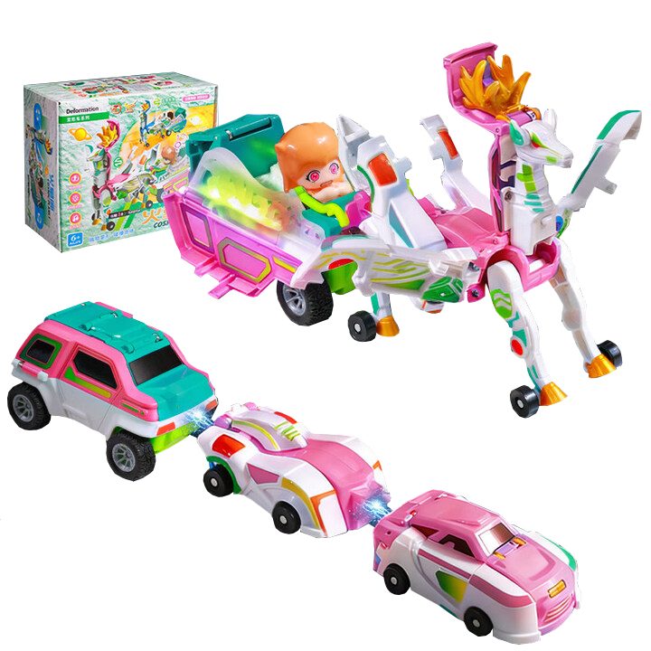 Mars Deer Jucarie Transformer Magnetica 3 in 1, Pegasus Inaripat din 3 Masini Interactive, Plastic ABS, Roz, 3+ Ani