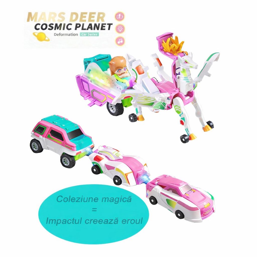 Mars Deer Jucarie Transformer Magnetica 3 in 1, Pegasus Inaripat din 3 Masini Interactive, Plastic ABS, Roz, 3+ Ani
