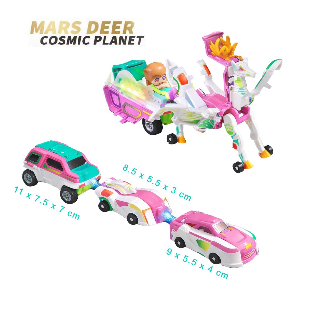 Mars Deer Jucarie Transformer Magnetica 3 in 1, Pegasus Inaripat din 3 Masini Interactive, Plastic ABS, Roz, 3+ Ani