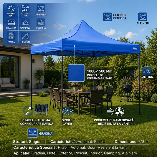 Cort Pavilion Pliabil 3x3m, Cadru Metalic Ranforsat, Inaltime Ajustabila, Acoperis Impermeabil Oxford 420D, Poliester 185 g/m, Albastru