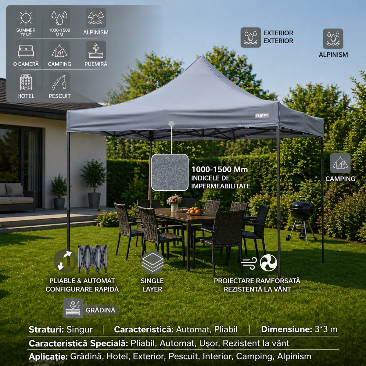 Pavilion Pliabil 3x3m, Cort Gradina si Evenimente, Cadru Metalic Ranforsat, Acoperis Poliester Oxford 420D, Inaltime Ajustabila, Gri