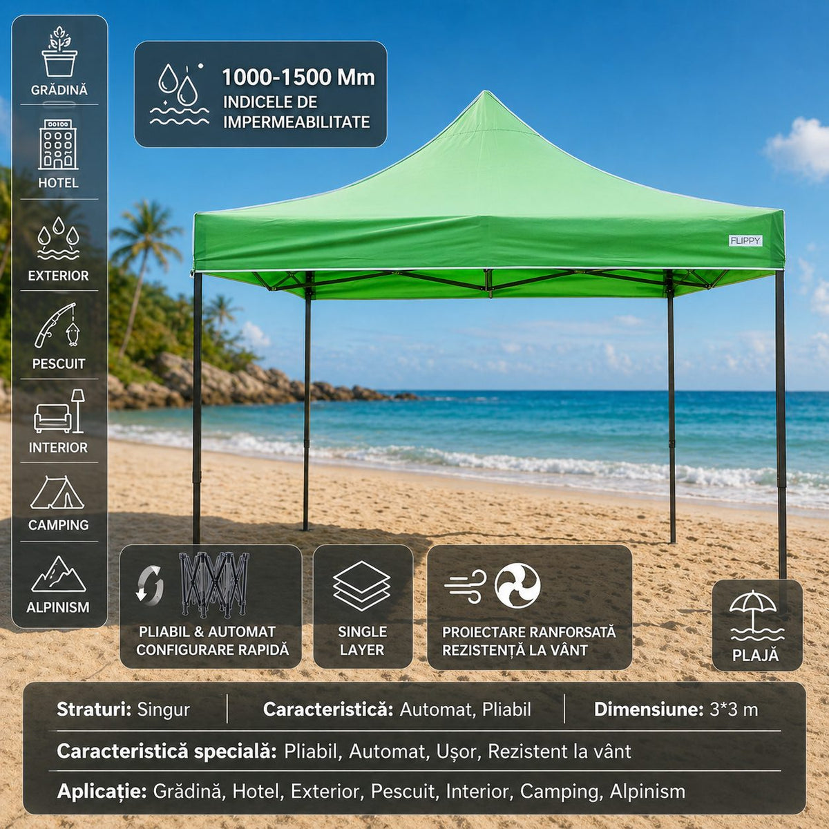 Cort Pavilion Pliabil 3x3m, Cadru Metalic Ranforsat cu Inaltime Ajustabila, Acoperis Impermeabil Poliester Oxford 420D, Verde Deschis