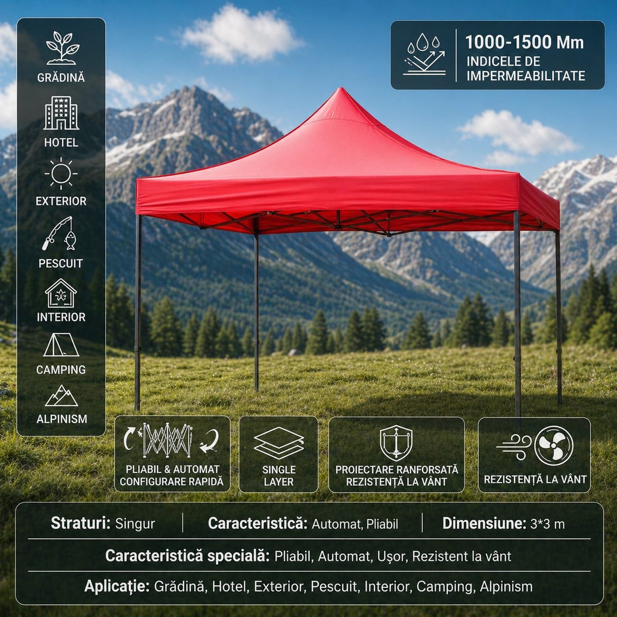 Cort Pavilion Pliabil 3x3m, Cadru Metalic Ranforsat, Acoperis Impermeabil Oxford 420D, Inaltime Ajustabila, Gradina si Evenimente, Rosu