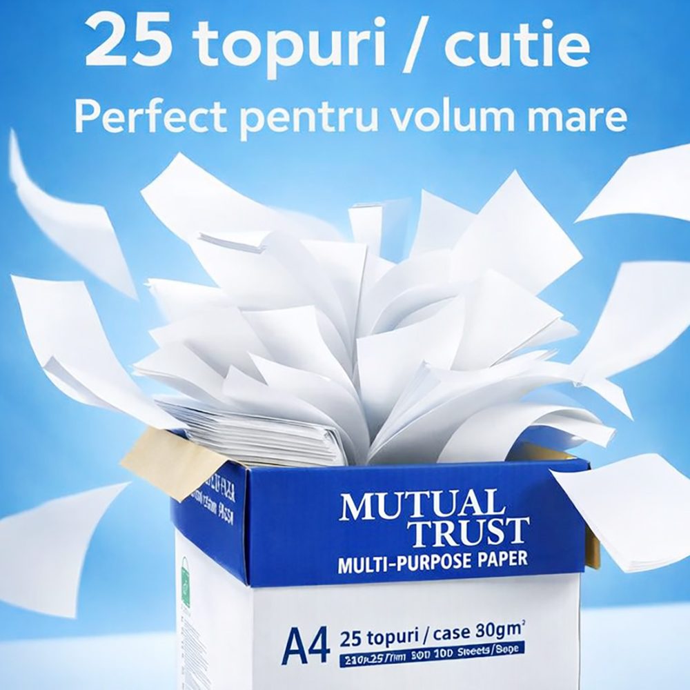 Hartie Copiator A4 Mutual Trust Cardboard, Hartie Multifunctionala pentru Imprimanta Laser si Inkjet, 80 g/mp, 2500 Coli, 25 Topuri x 100 Coli, Alb
