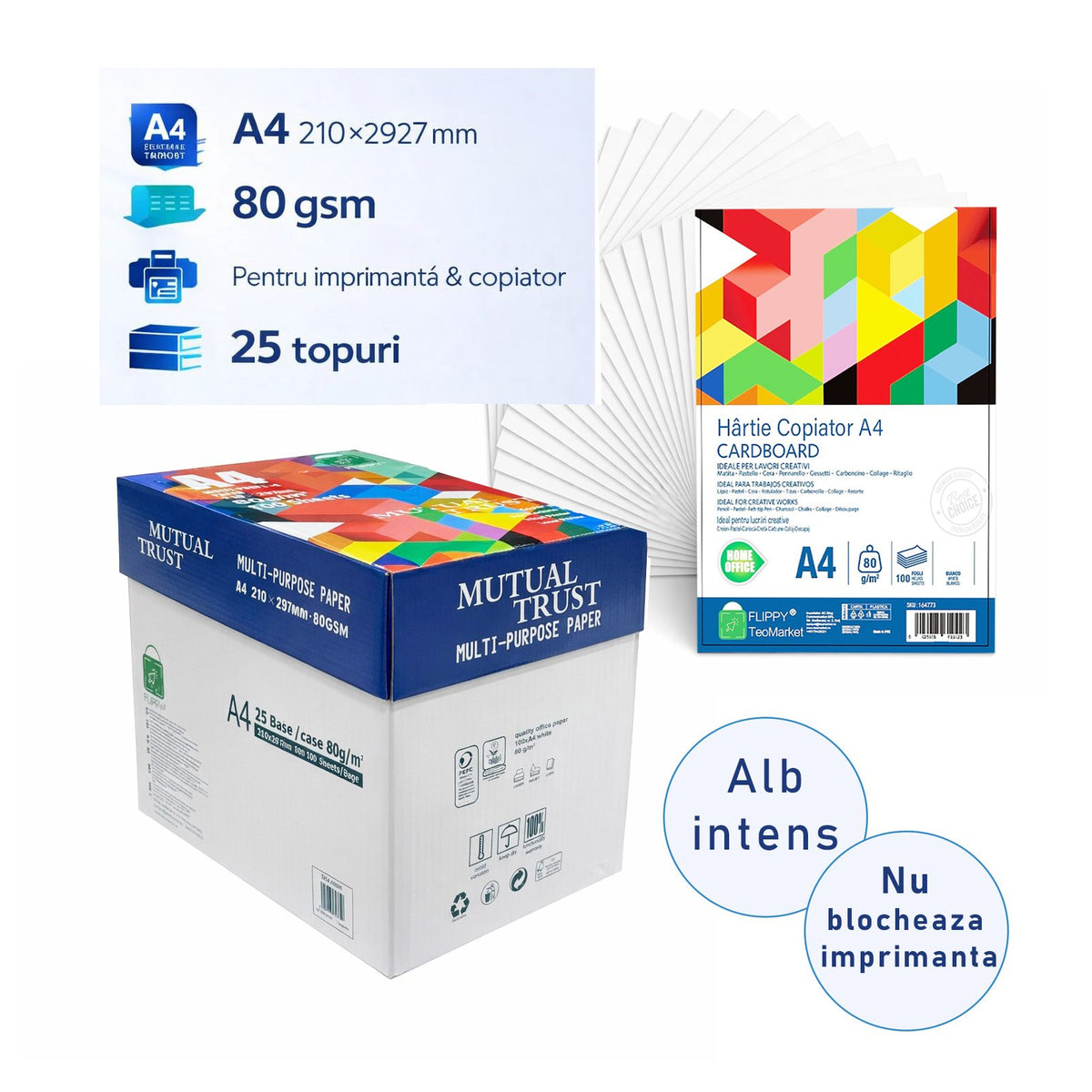 Hartie Copiator A4 Mutual Trust Cardboard, Hartie Multifunctionala pentru Imprimanta Laser si Inkjet, 80 g/mp, 2500 Coli, 25 Topuri x 100 Coli, Alb