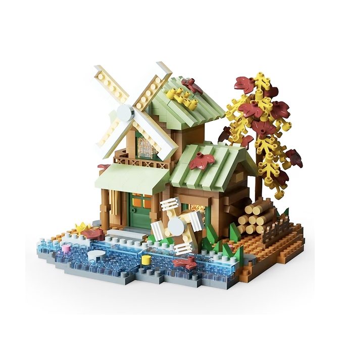 Set Constructie Forest Log Cabin, Casuta cu Moara de Vant, Joc Educativ din ABS, 717 Piese, 10.4x11.7x9 cm, Multicolor