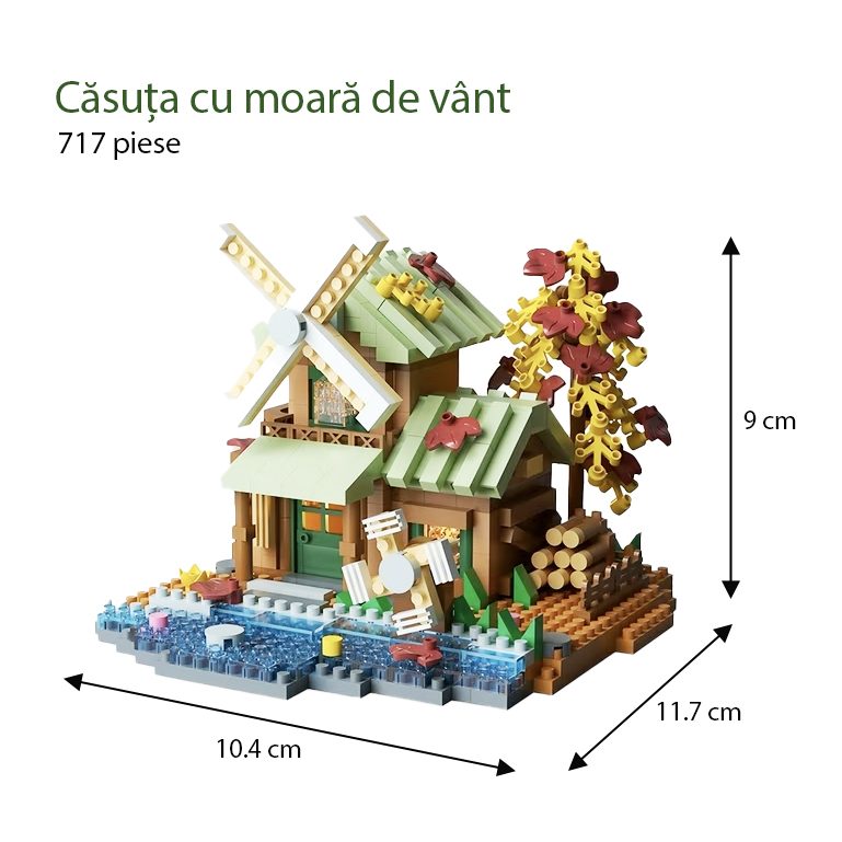 Set Constructie Forest Log Cabin, Casuta cu Moara de Vant, Joc Educativ din ABS, 717 Piese, 10.4x11.7x9 cm, Multicolor