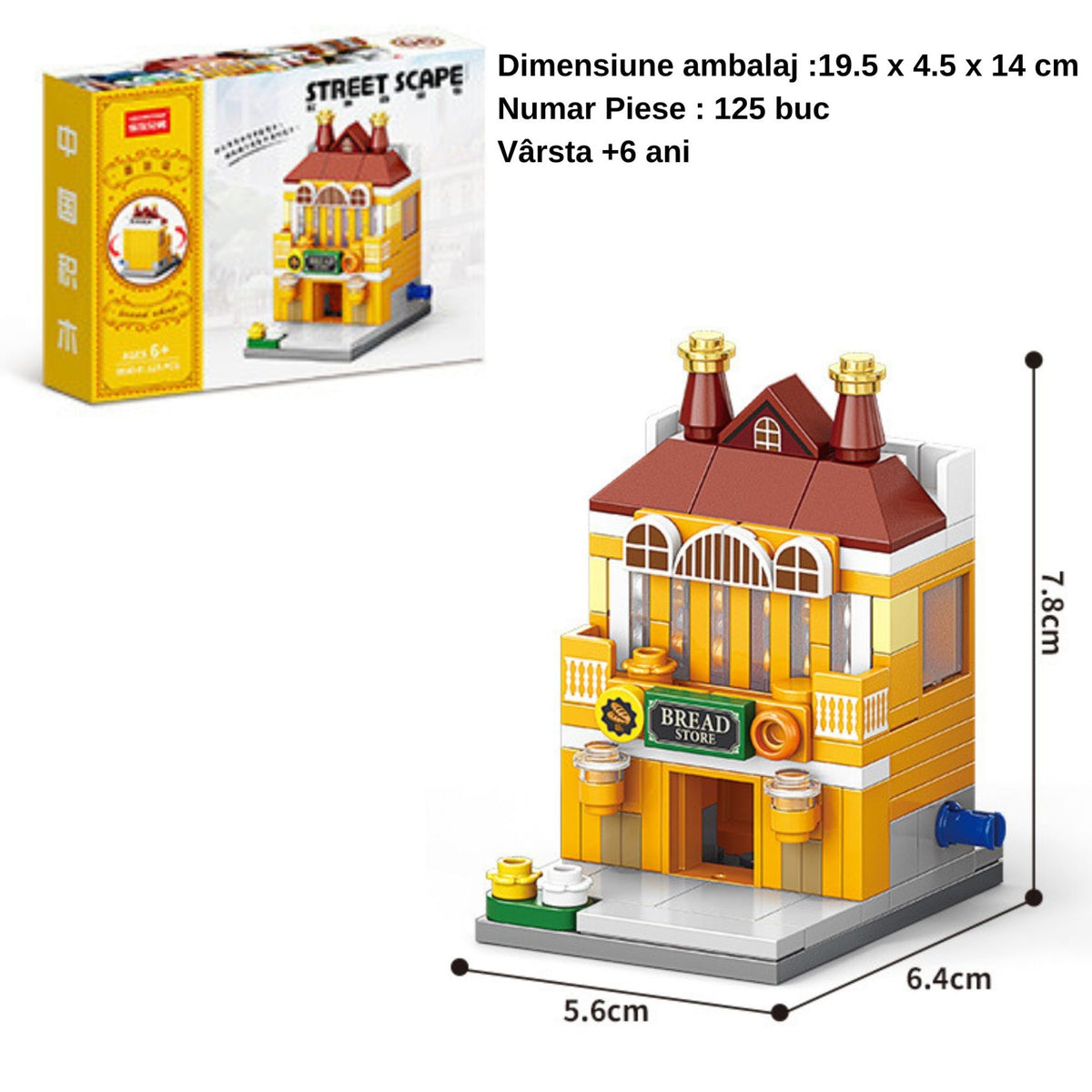 Set de Constructie Jucarie Educativa STEM, Model 3D Strada Comerciala Europeana, 125 Piese, Plastic Durabil, Varsta +6 Ani, 6.4 x 5.6 x 7.8 cm, Galben/Maro