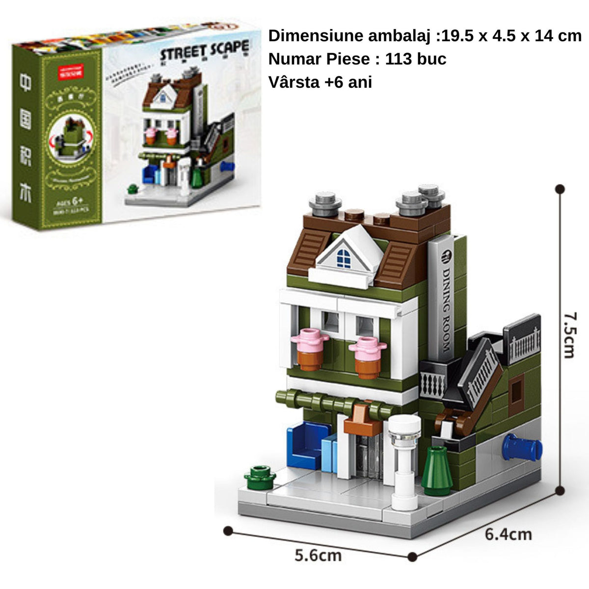 Set de Constructie STEM, Jucarie Educativa Model 3D Strada Comerciala Europeana, Dezvoltare Abilitati Practice, Plastic, 113 Piese, +6 Ani, 6.4 x 5.6 x 7.5 cm, Verde/Maro