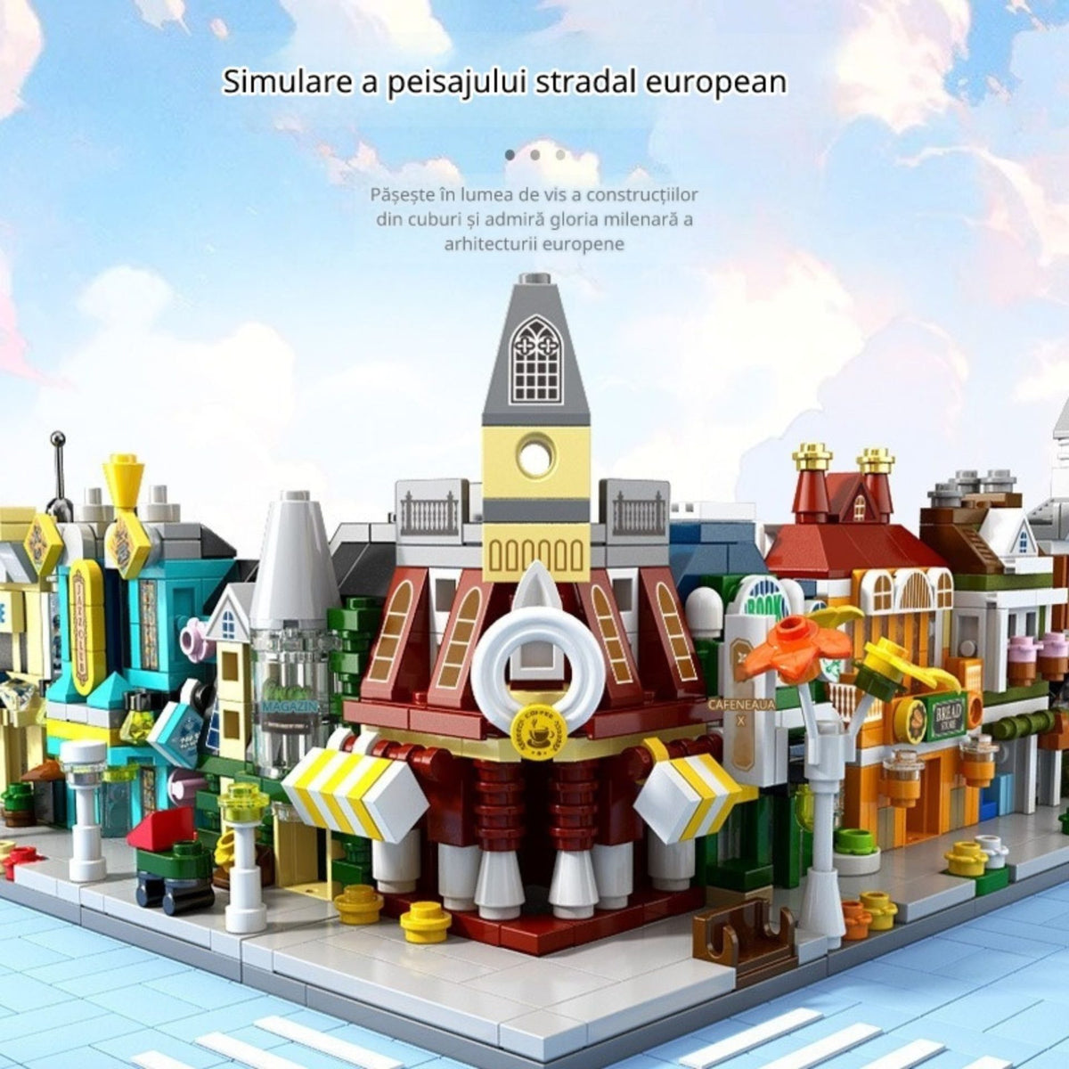 Set de Constructie Educativ STEM, Model 3D Strada Comerciala Europeana, Dezvoltare Abilitati Motorii, Plastic, 141 Piese, +6 Ani, 6.4 x 5.6 x 8.2 cm, Galben/Gri