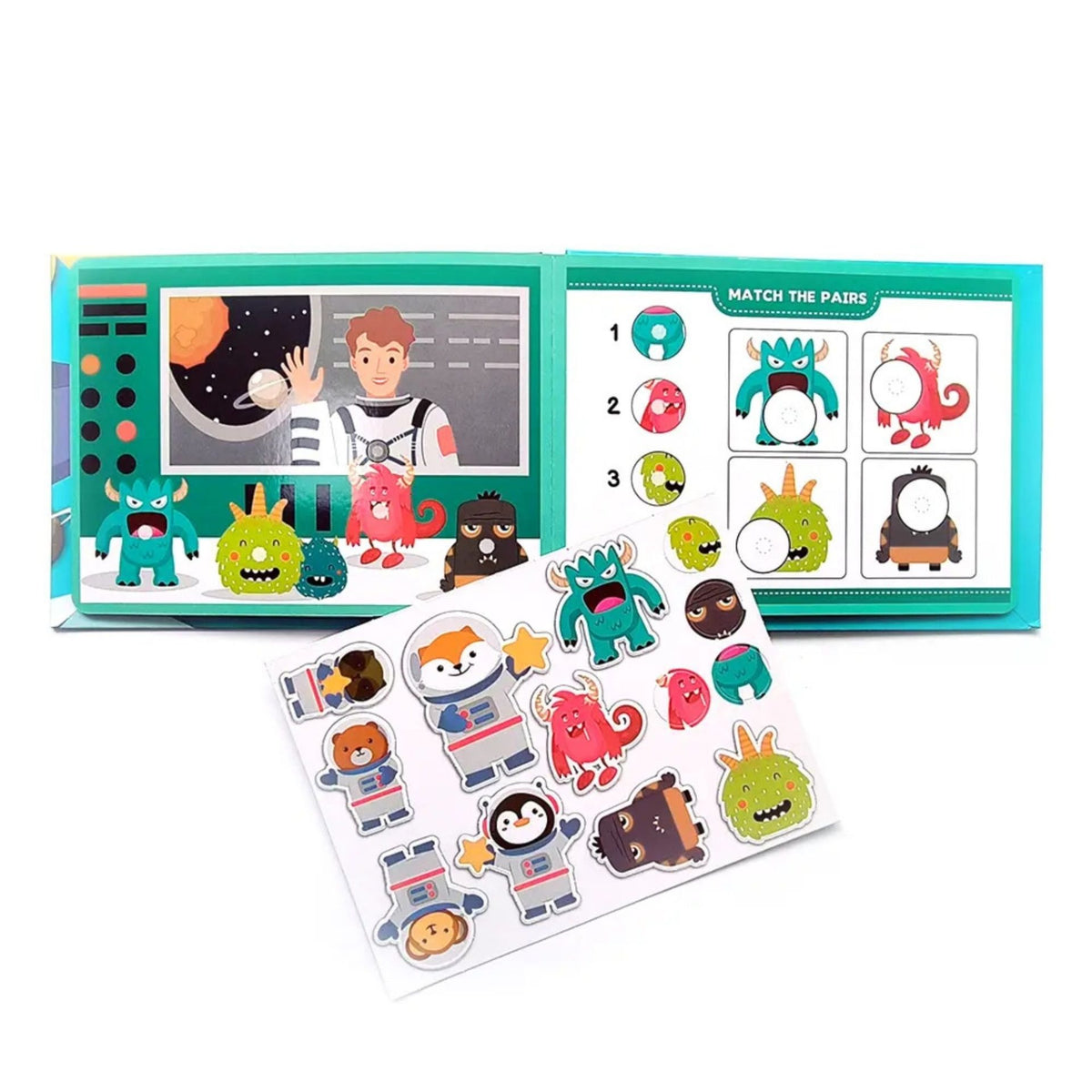 Carte Educativa Montessori Quiet Book, Joc Senzorial cu Stickere Reutilizabile si Activitati Interactive, Tematica Explorarea Spatiului, Carton Plastificat, 28 x 20.5 cm, 3 Ani+, Multicolor