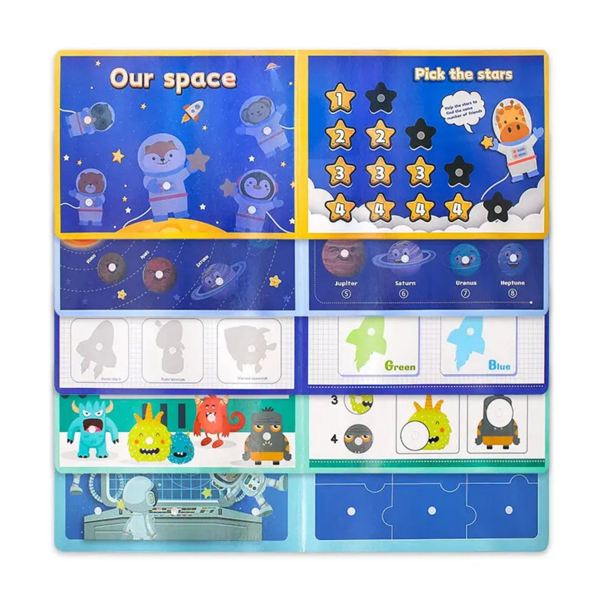 Carte Educativa Montessori Quiet Book, Joc Senzorial cu Stickere Reutilizabile si Activitati Interactive, Tematica Explorarea Spatiului, Carton Plastificat, 28 x 20.5 cm, 3 Ani+, Multicolor