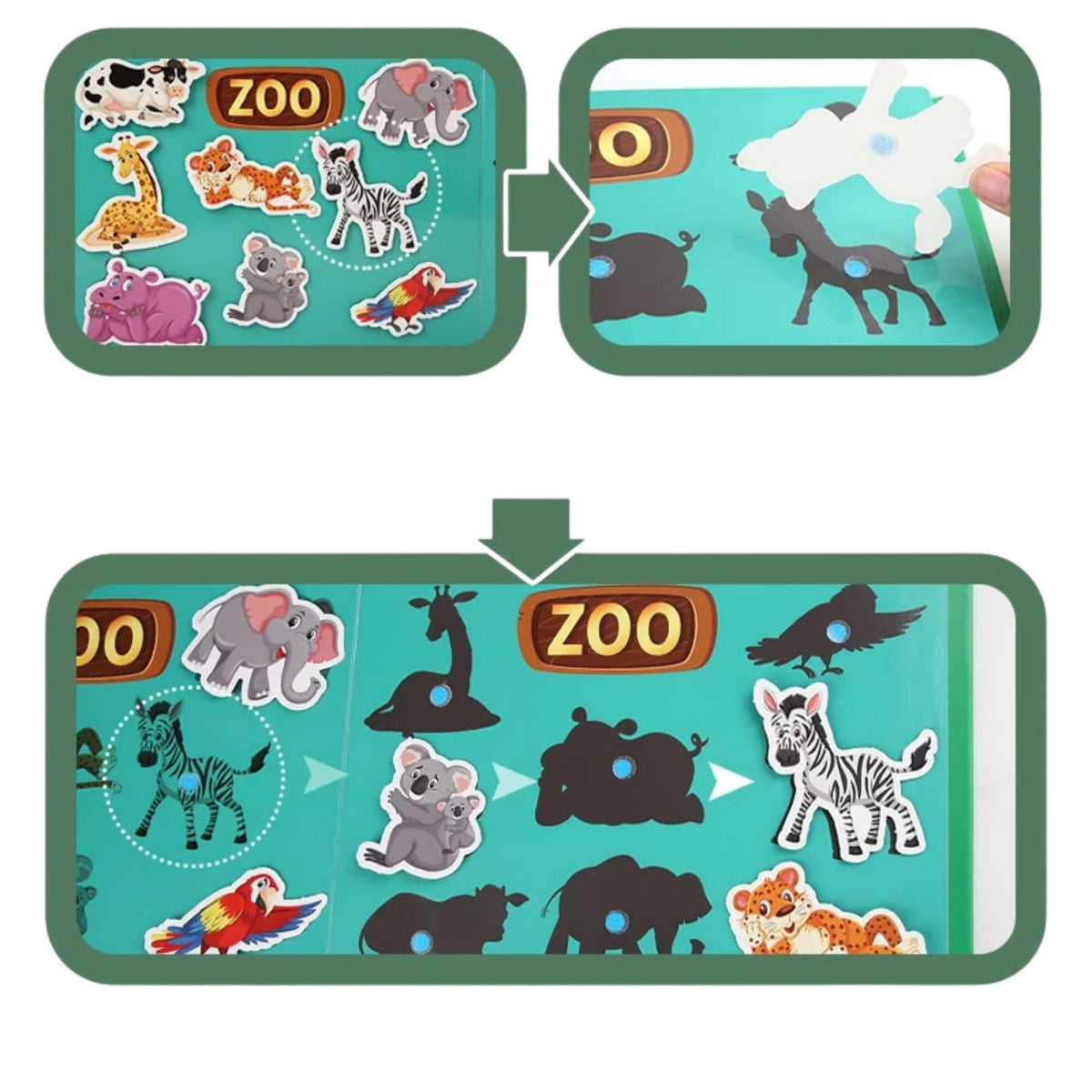 Carte Educativa Quiet Book Senzoriala, Joc Montessori cu Stickere Reutilizabile si Puzzle, Invatare Limba Engleza, Lumea Animalelor, Carton Plastificat cu Scai, 10 Pagini, 3 Ani+, Multicolor