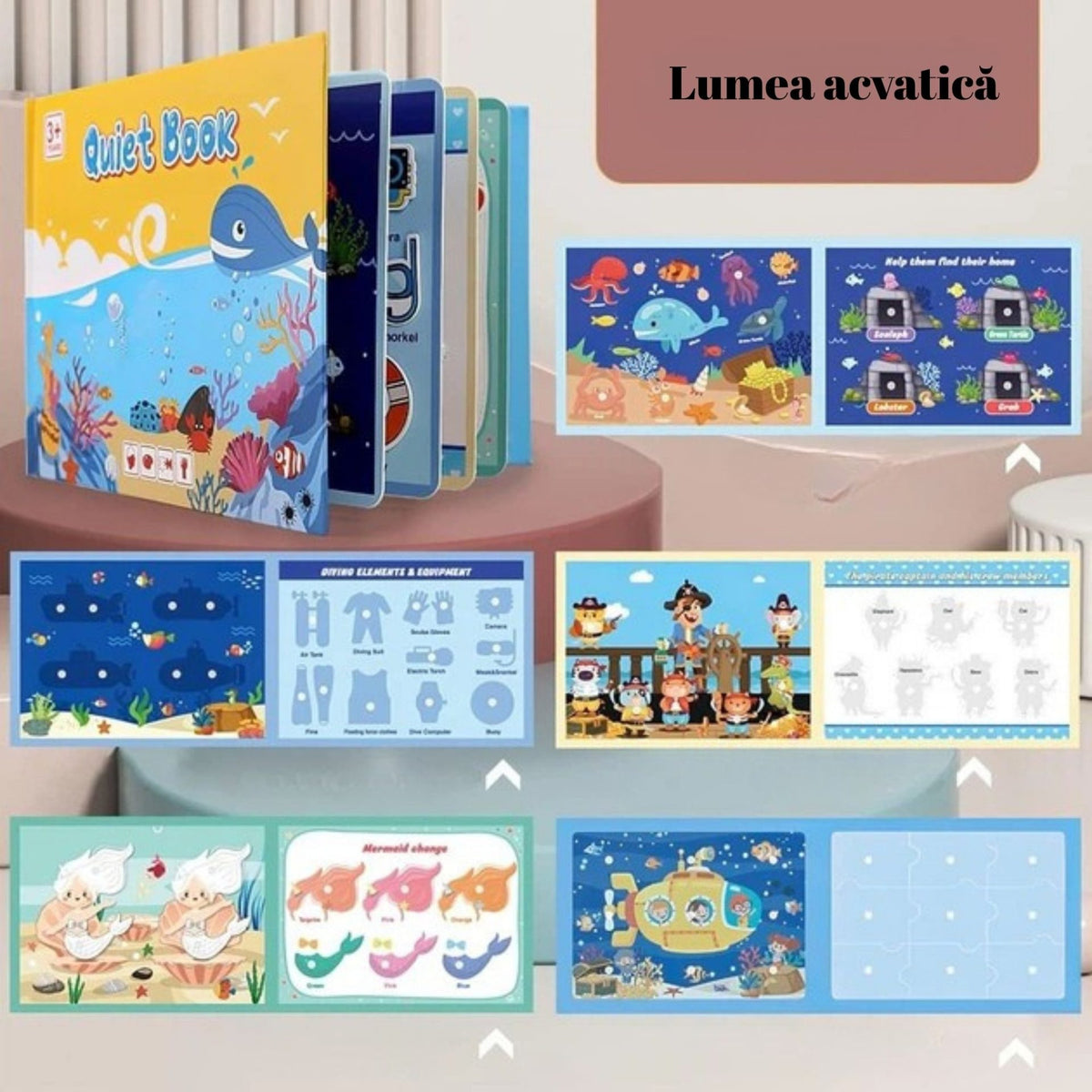 Carte Educativa Montessori, Quiet Book Senzoriala cu Stickere Reutilizabile Velcro, Joc Interactiv Dezvoltare Motricitate, Lumea Acvatica, Carton Plastificat Impermeabil, 10 Pagini, Multicolor, 3 Ani+