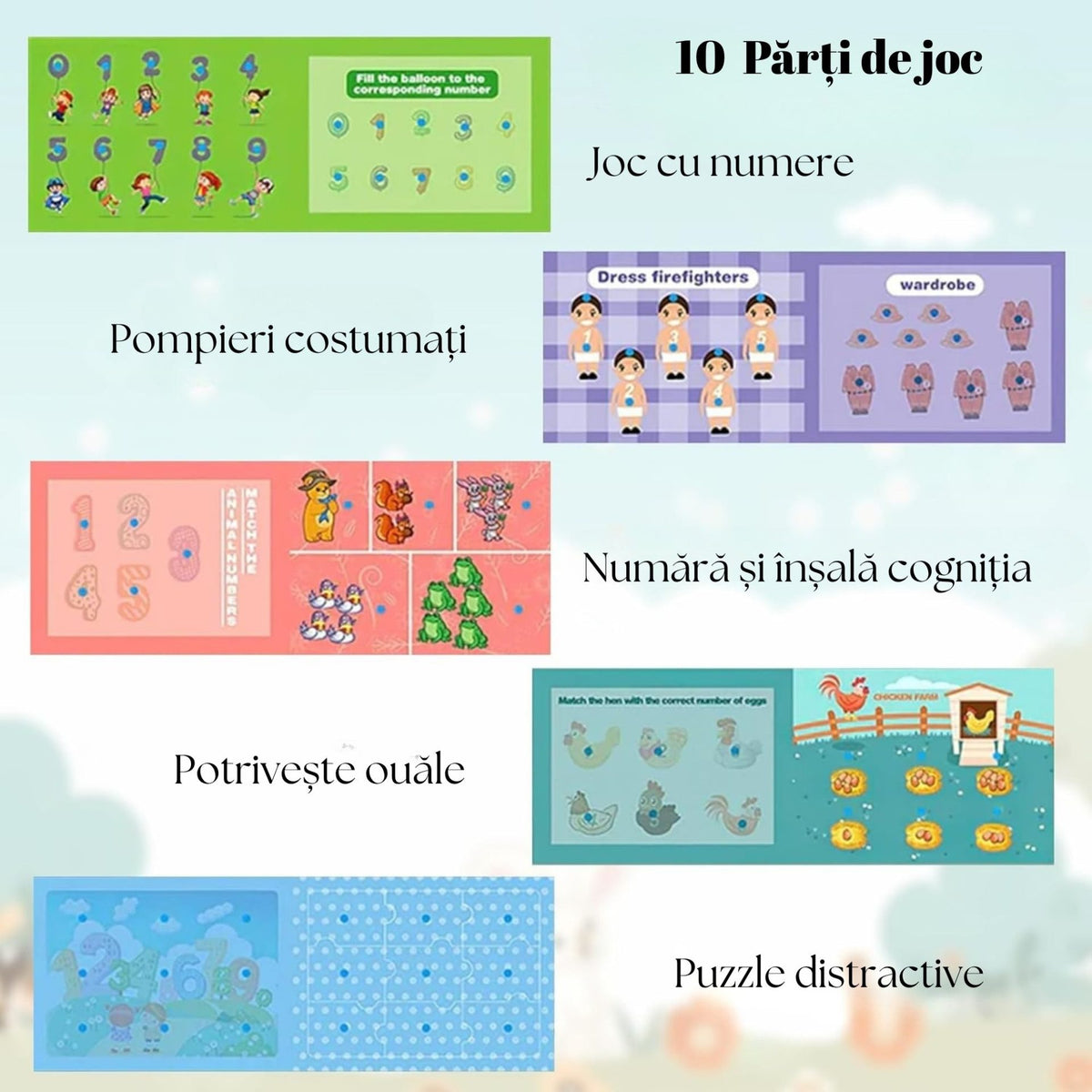 Carte Educativa Busy Book, Joc Montessori cu Stickere Reutilizabile Velcro, Invatare Numere si Logica, Carton Plastificat, 10 Pagini, Multicolor, +3 Ani
