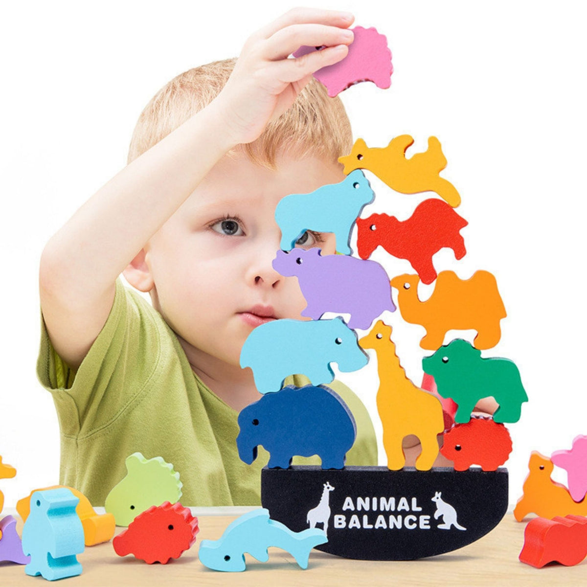 Joc de Echilibru Montessori Animal Balance, Jucarie Educativa si Senzoriala, Dezvoltare Motricitate Fina, Lemn Natural, 13 Piese, 3 ani+, Multicolor