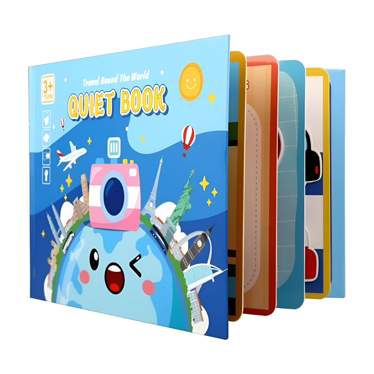 Carte Educativa Montessori, Quiet Book Senzoriala cu Stickere Reutilizabile si Activitati Interactive, Carton Rezistent, Seria In Jurul Lumii, 10 Pagini, 44 Piese Velcro, 3 ani, Multicolor