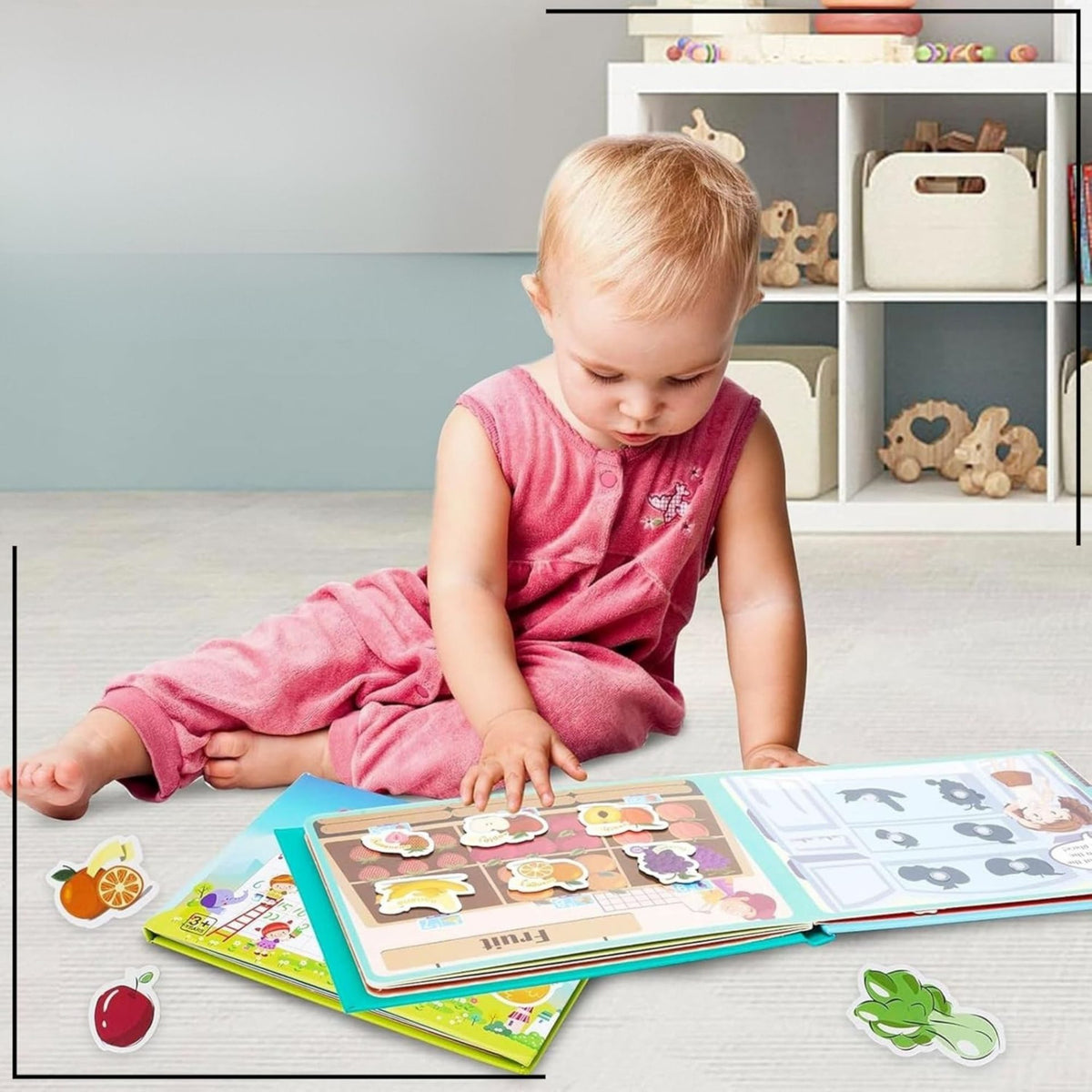 Carte Educativa Quiet Book Montessori cu Stickere Reutilizabile, Joc Senzorial pentru Invatare Timpurie, Fructe si Legume, Carton Plastificat, 10 Pagini Interactive, 3 Ani+, Multicolor