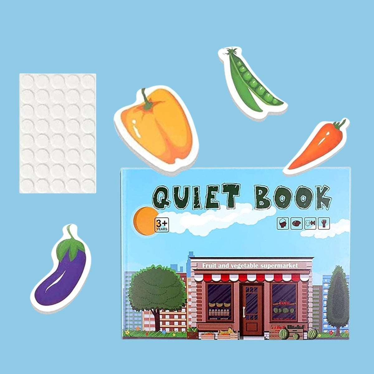 Carte Educativa Quiet Book Montessori cu Stickere Reutilizabile, Joc Senzorial pentru Invatare Timpurie, Fructe si Legume, Carton Plastificat, 10 Pagini Interactive, 3 Ani+, Multicolor