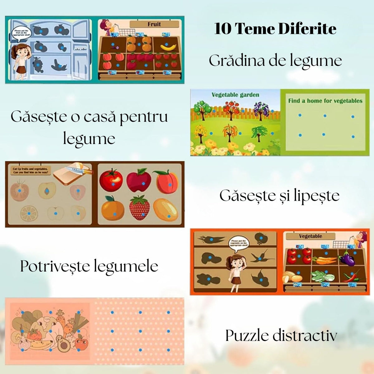 Carte Educativa Quiet Book Montessori cu Stickere Reutilizabile, Joc Senzorial pentru Invatare Timpurie, Fructe si Legume, Carton Plastificat, 10 Pagini Interactive, 3 Ani+, Multicolor