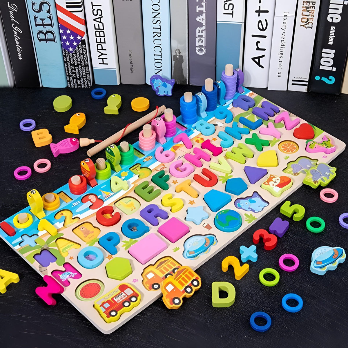 Joc Educativ Montessori, Tabla Logaritmica 6 in 1 cu Pescuit Magnetic, Puzzle 3D Litere, Cifre si Vehicule, Stivuire Inele, Lemn Natural, 45.5 x 22 cm, Multicolor