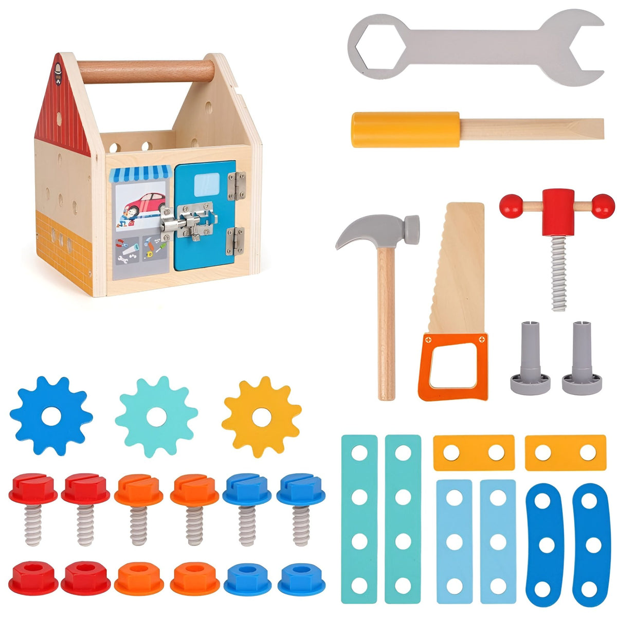 Jucarie Educativa Montessori, Set de Unelte 2 in 1 pentru Copii, Atelier de Lucru tip Casuta cu Maner, Lemn Ecologic, 16.5 x 20 cm, 3 Ani+, Multicolor