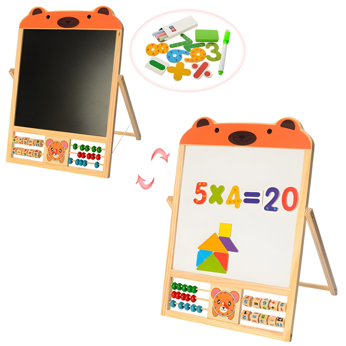 Tabla Educationala Magnetica 2 in 1, Pliabila cu Abac si Doua Fete pentru Creta si Marker, Set Accesorii Litere si Cifre, Lemn Natural, Varsta 3 ani+, Portocaliu