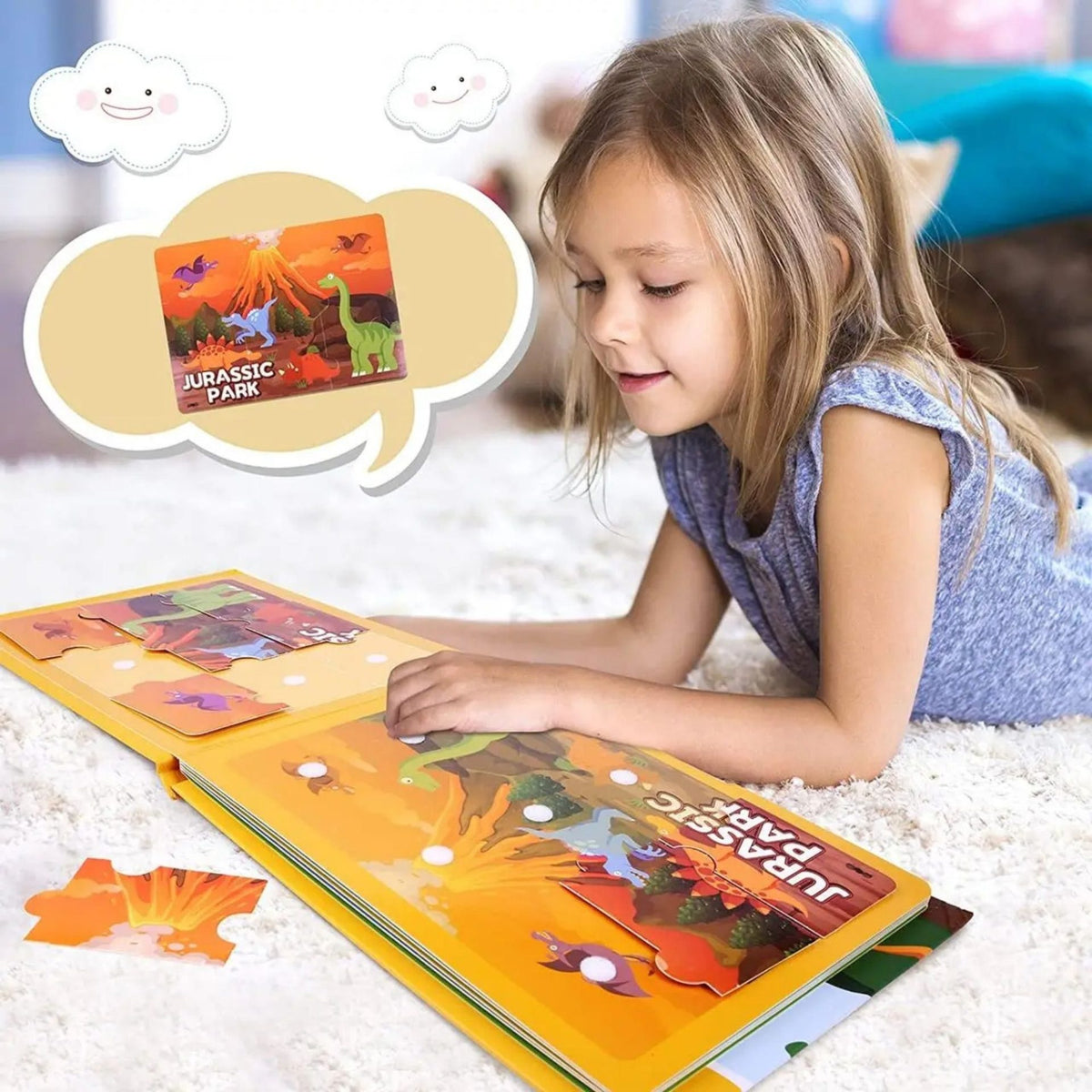 Carte Educativa Montessori, Quiet Book Senzoriala cu Stickere Reutilizabile, Joc Interactiv Invatare Timpurie, Tematica Dinozauri, Carton Plastifiat cu Scai, 10 Pagini, Multicolor, 3 Ani +