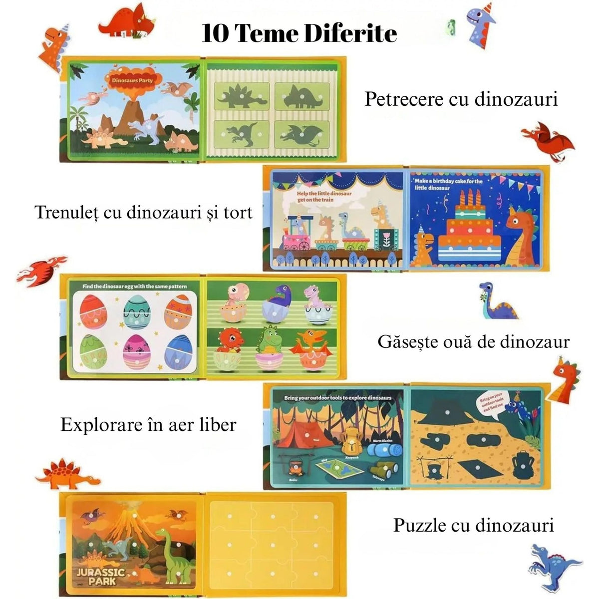 Carte Educativa Montessori, Quiet Book Senzoriala cu Stickere Reutilizabile, Joc Interactiv Invatare Timpurie, Tematica Dinozauri, Carton Plastifiat cu Scai, 10 Pagini, Multicolor, 3 Ani +