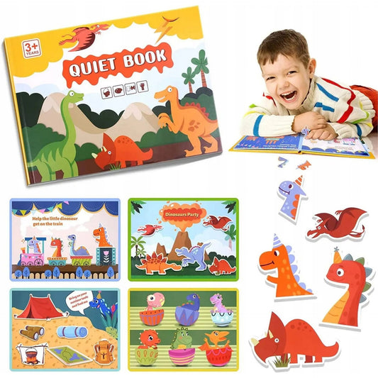 Carte Educativa Montessori, Quiet Book Senzoriala cu Stickere Reutilizabile, Joc Interactiv Invatare Timpurie, Tematica Dinozauri, Carton Plastifiat cu Scai, 10 Pagini, Multicolor, 3 Ani +