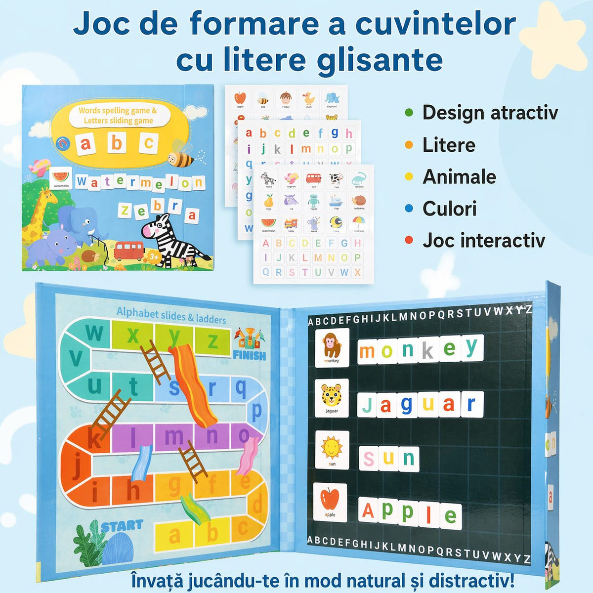 Joc Educativ Montessori, Carte Magnetica Alfabet Englez, Recunoastere Litere si Formare Cuvinte, Carton si Magnet, 3+ Ani, 27x26.2x1.5 cm, Multicolor