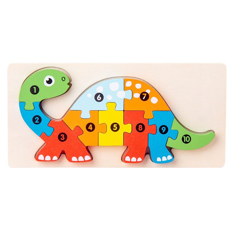 Puzzle din Lemn 3D Montessori, Jucarie Educativa si Interactiva pentru Dezvoltarea Motricitatii Fine, Lemn Natural cu Vopsea Ecologica, Model Brachiosaurus, 11 Piese, Multicolor, 0-3 Ani