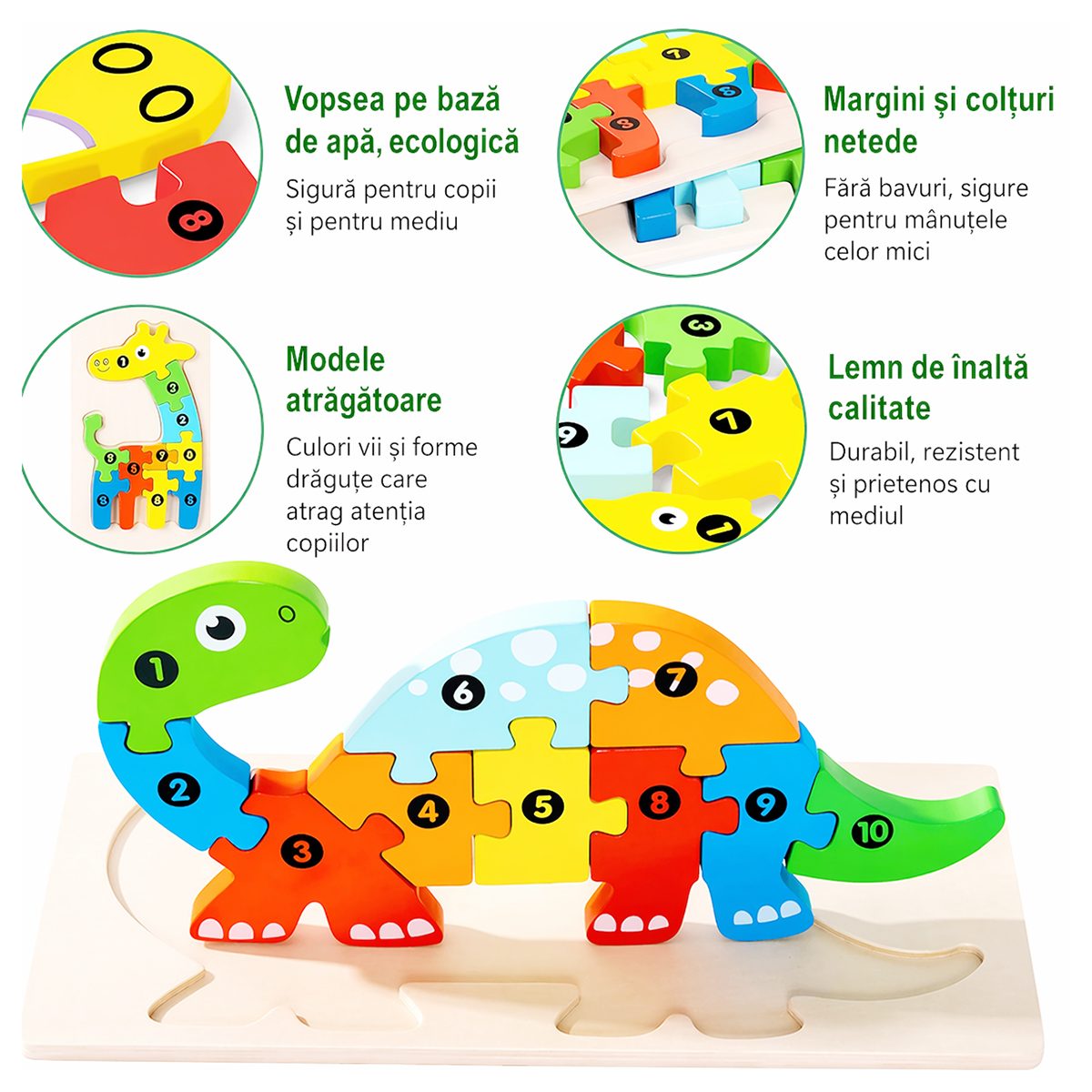 Puzzle din Lemn 3D Montessori, Jucarie Educativa si Interactiva pentru Dezvoltarea Motricitatii Fine, Lemn Natural cu Vopsea Ecologica, Model Brachiosaurus, 11 Piese, Multicolor, 0-3 Ani