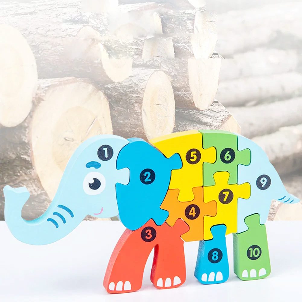 Puzzle din Lemn 3D Montessori, Jucarie Educativa pentru Motricitate si Logica, Lemn Natural cu Vopsea Ecologica, Model Elefant, 11 Piese, Multicolor, 0-3 Ani