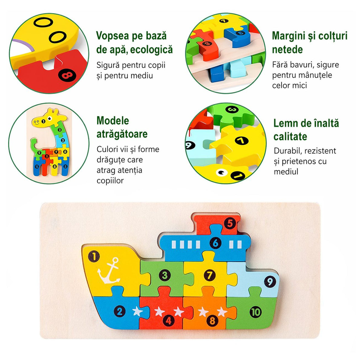 Puzzle din Lemn 3D Montessori, Jucarie Educativa si Senzoriala pentru Dezvoltarea Motricitatii, Vopsea Ecologica, Model Nava, 11 Piese, Multicolor, 0-3 Ani