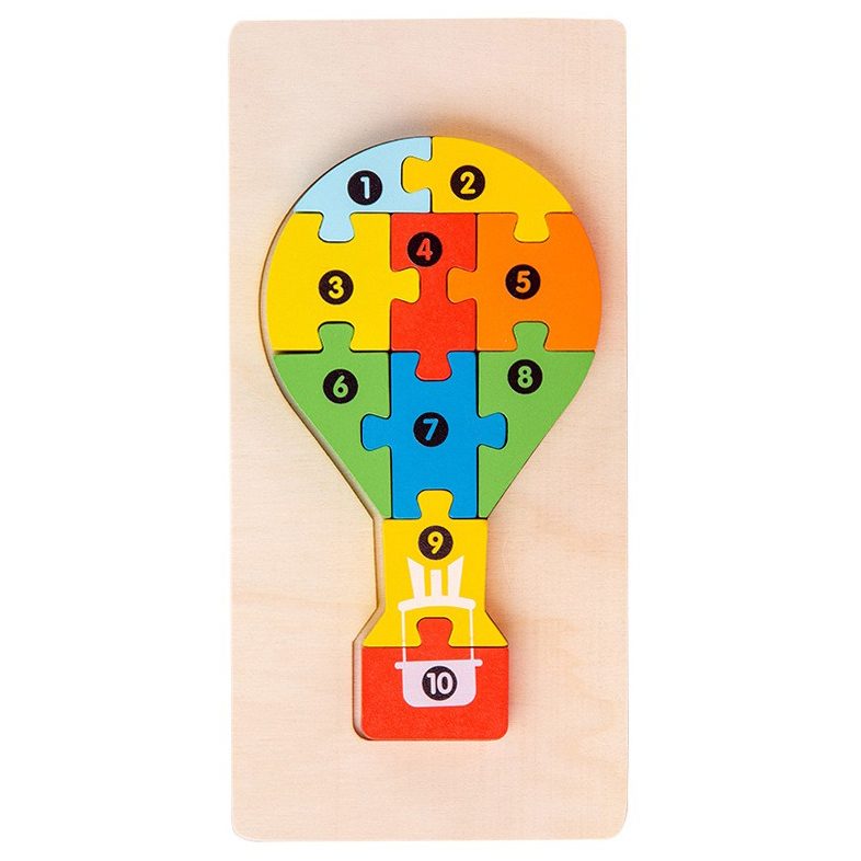 Puzzle din Lemn 3D Montessori, Jucarie Educativa si Interactiva, Dezvolta Motricitatea si Logica, Lemn Natural cu Vopsea Ecologica, Model Balon cu Aer Cald, 11 Piese, Multicolor, 0-3 Ani